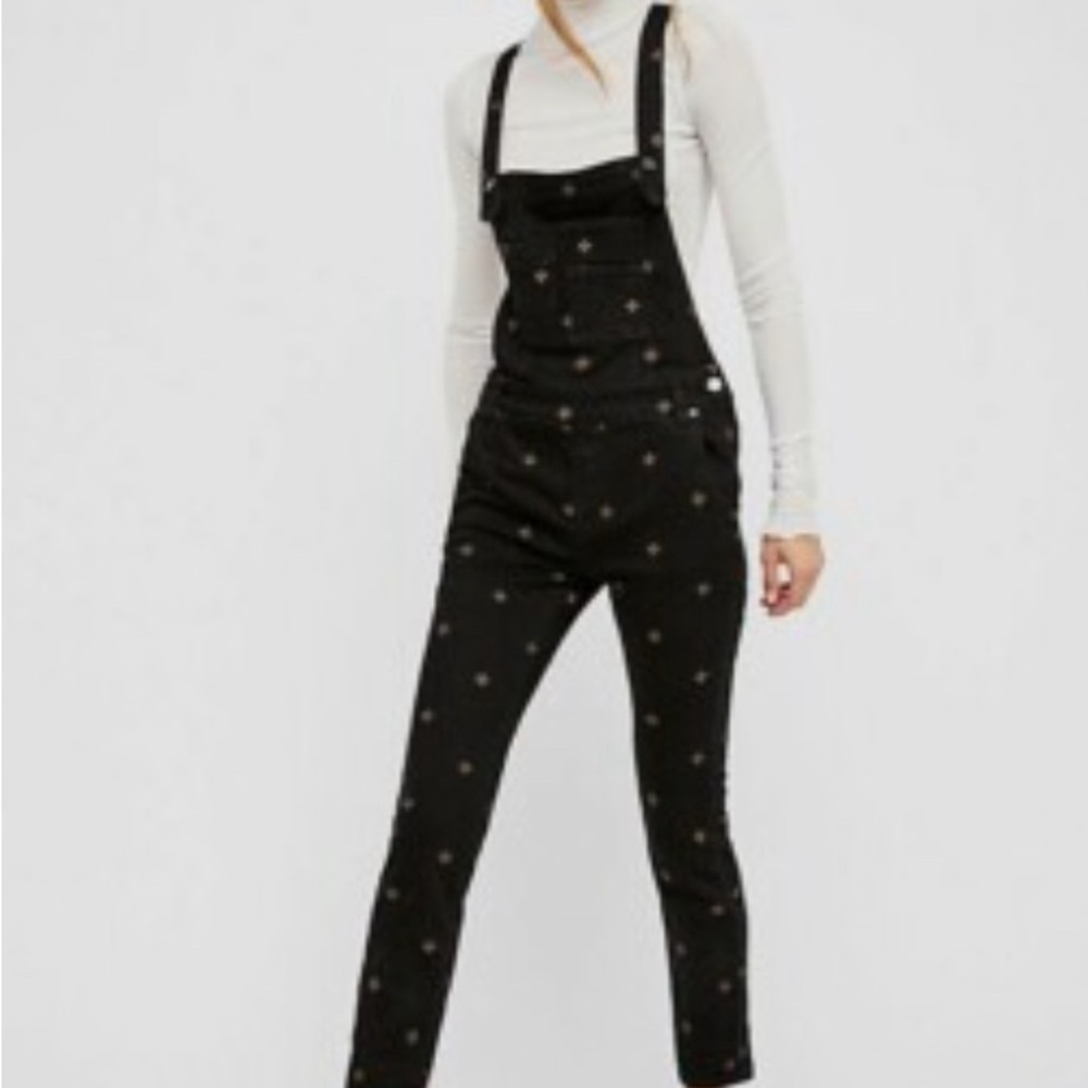 Free People Black Star Embroidered Overalls